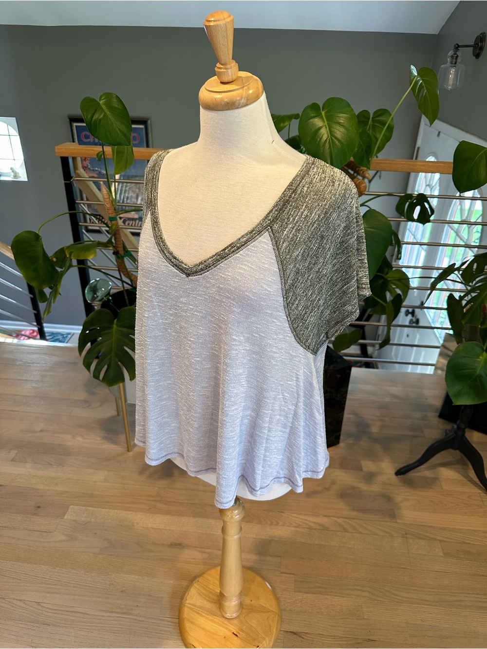 We The Free Two-Tone Short Sleeve V-Neck Top in Light Gray and Dark Heather